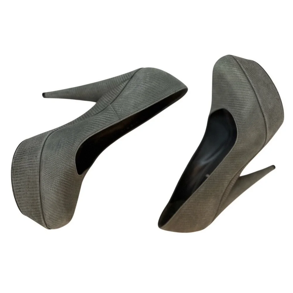 Yves Saint Laurent YSL Grey Suede Lizard Textured Platform Stiletto Pump Sz 37.5
